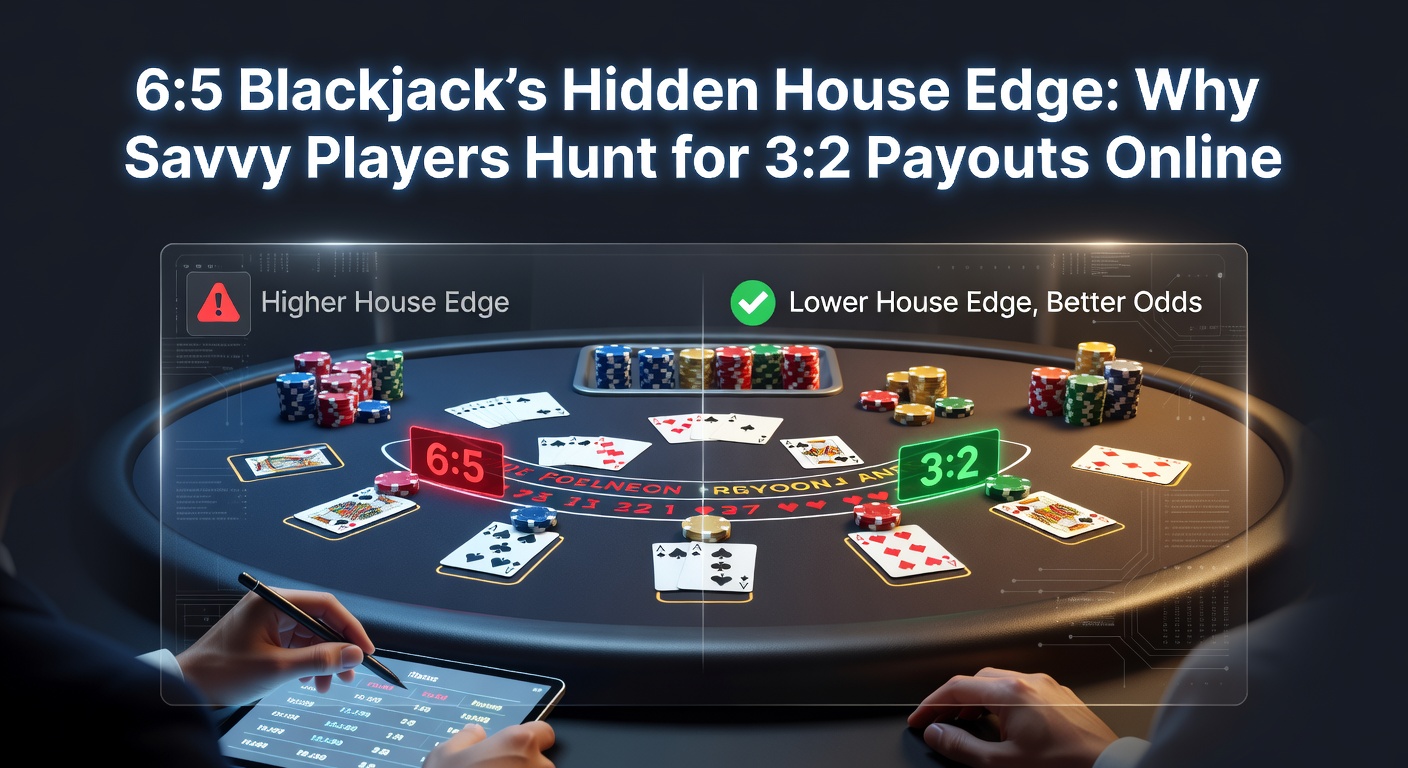 Close-up of a blackjack table showing a 6:5 payout sign next to a hand of blackjack cards