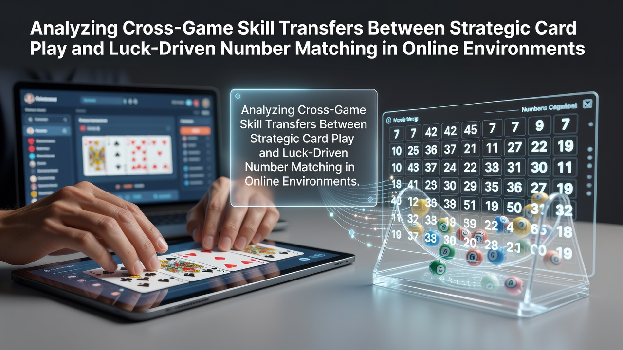 Illustration showing strategic card play elements like probability calculations alongside number matching grids in a digital online interface
