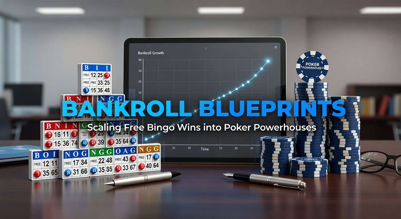 Graphic showing a progression from colorful bingo cards stacking coins into a towering poker chip fortress, symbolizing bankroll growth