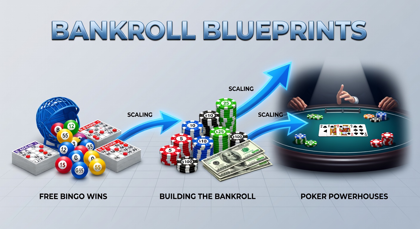 Close-up of a digital interface displaying bingo wins converting to poker chips, with graphs charting exponential bankroll growth over time