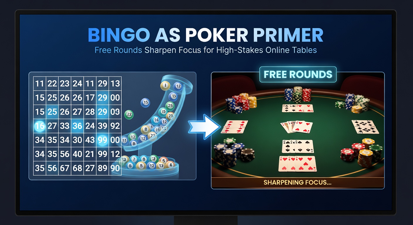 A poker player at a high-stakes online table, intently studying cards and stats overlays, illustrating the focused mindset honed from bingo practice