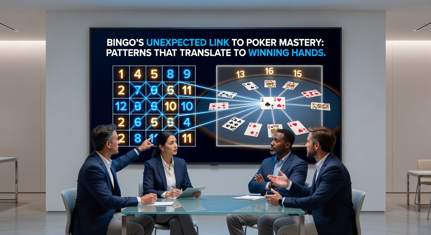 Colorful bingo cards overlaid with poker chips and card suits, highlighting pattern similarities between the games