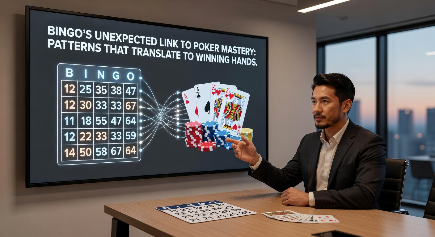 Poker player analyzing a hand next to a bingo cage, symbolizing the strategic overlap in probability and pattern spotting