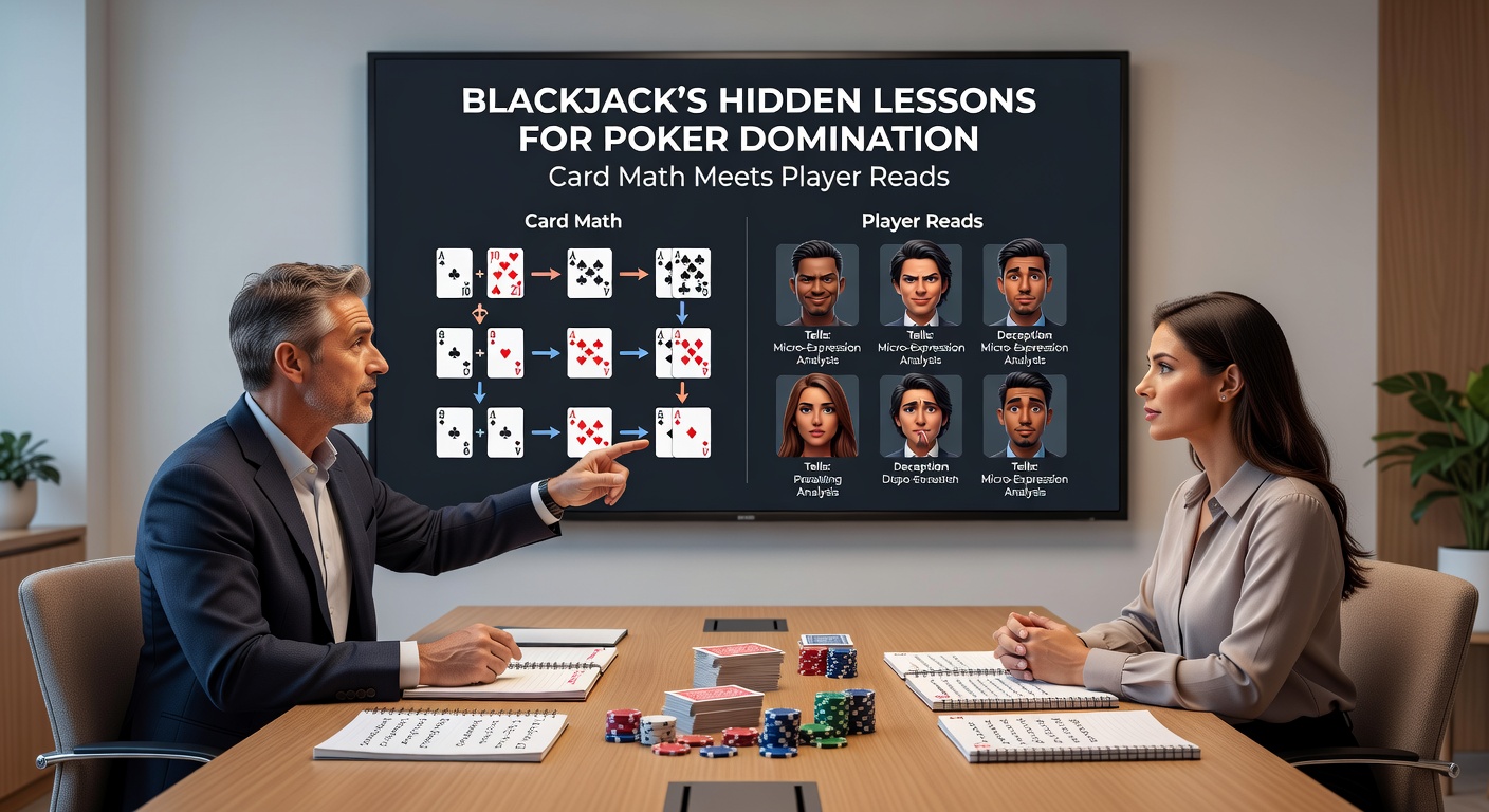 Poker players at a high-stakes table intensely reading opponents, highlighting the psychological reads enhanced by blackjack discipline