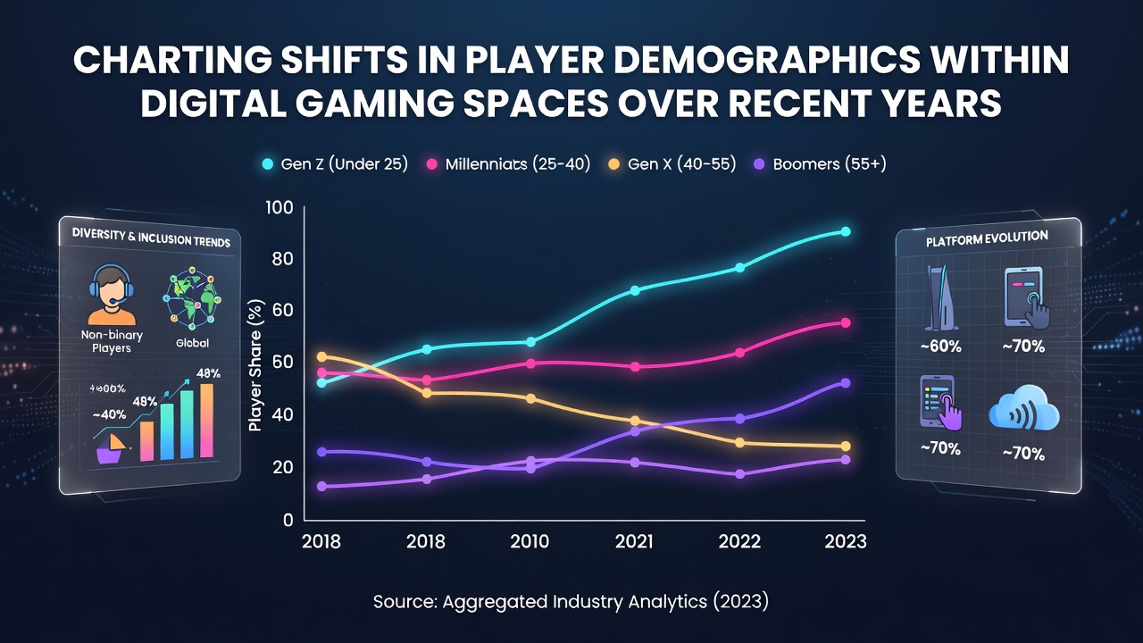 Diverse group of players engaging with digital games across different age groups and backgrounds in a modern gaming space
