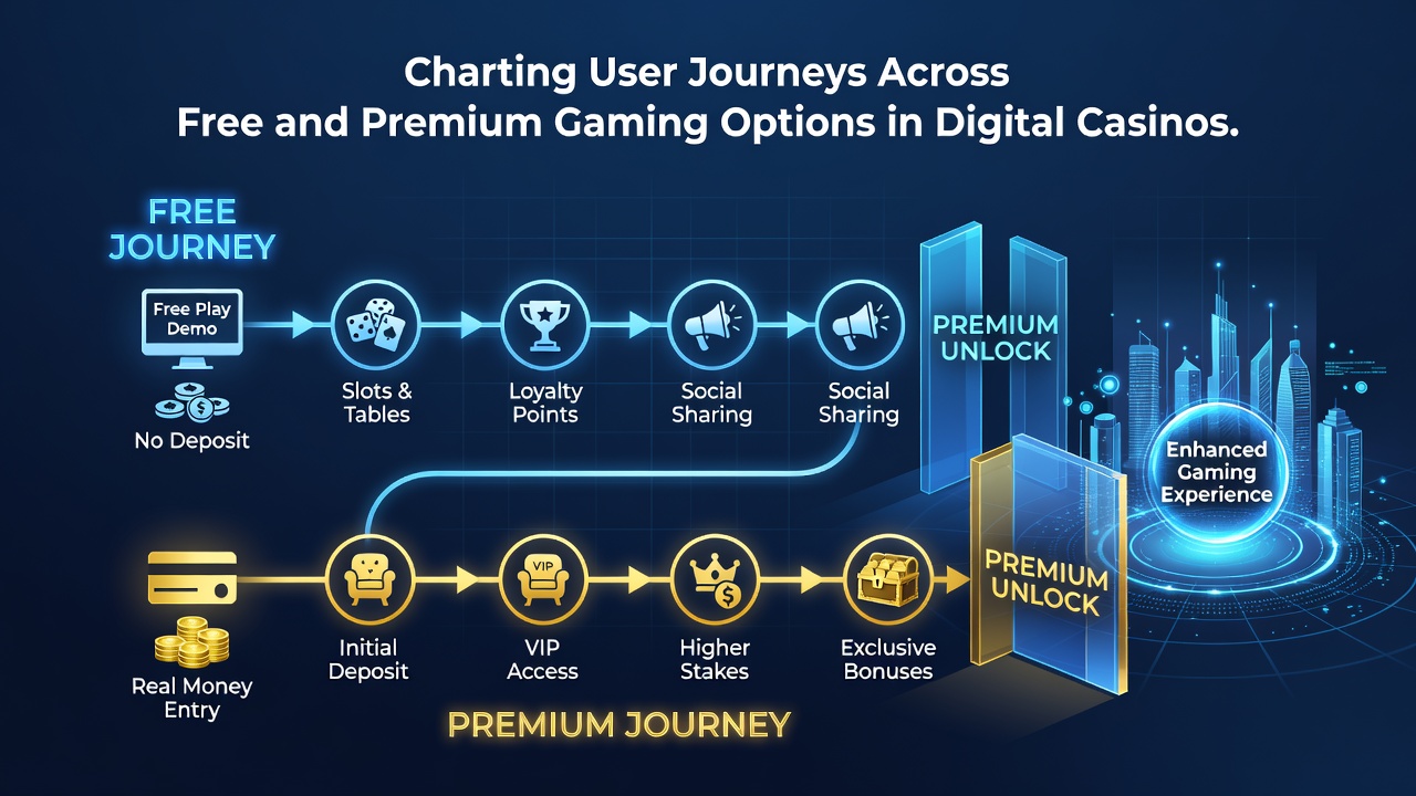 Digital casino interface showing free play and premium options side by side