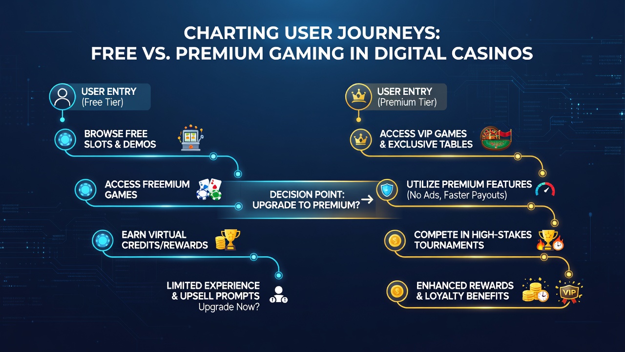 User journey flowchart illustrating progression from free trials to premium casino accounts