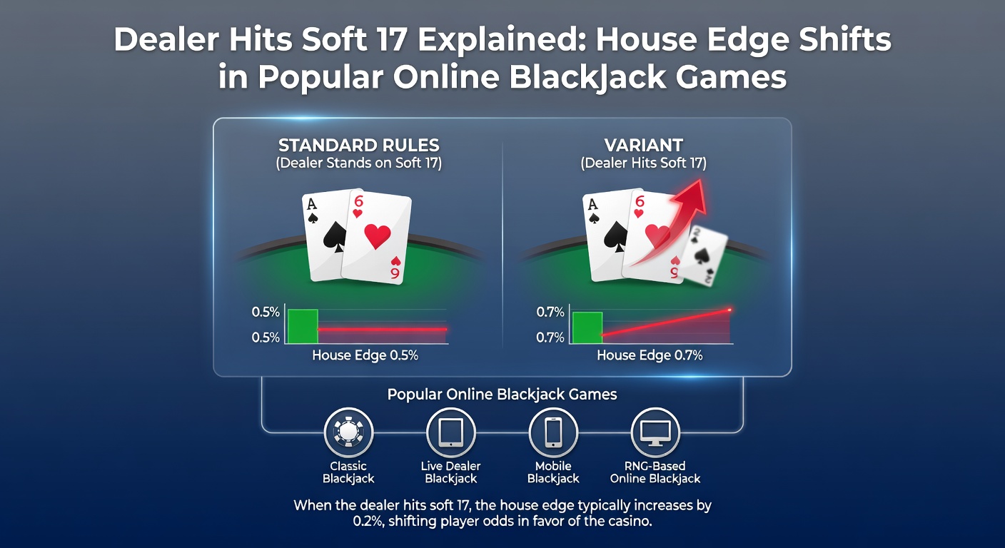Digital illustration of a blackjack table showing dealer hand with soft 17 and player decision cards