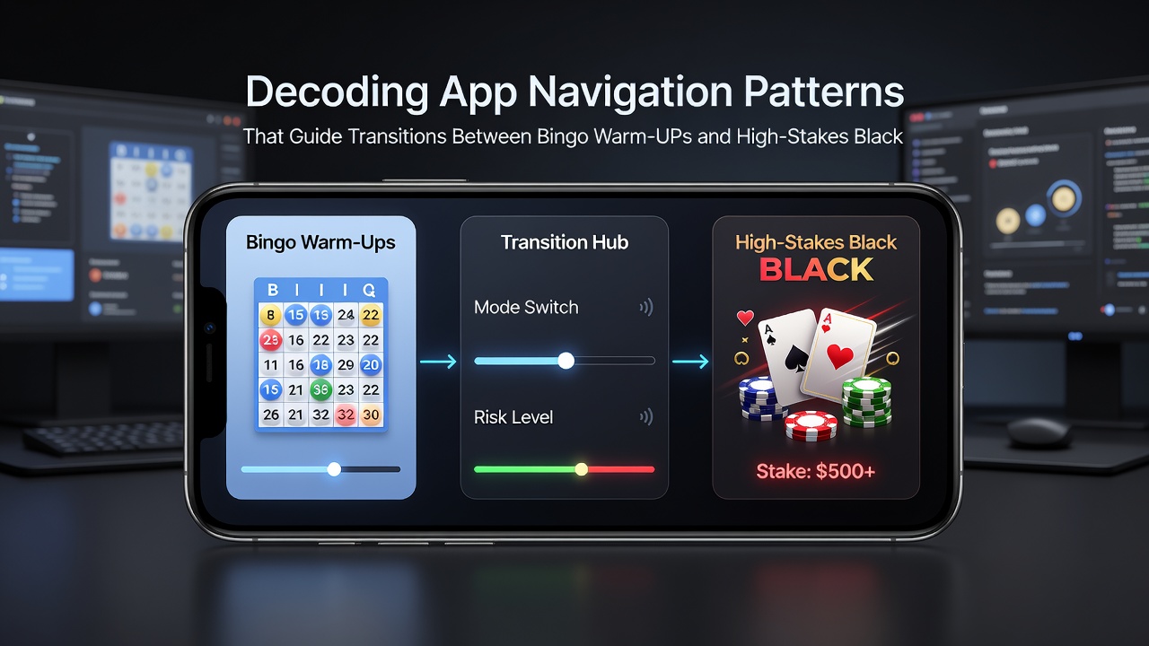 Detailed view of app navigation flow highlighting bingo-to-blackjack transition buttons and progress indicators