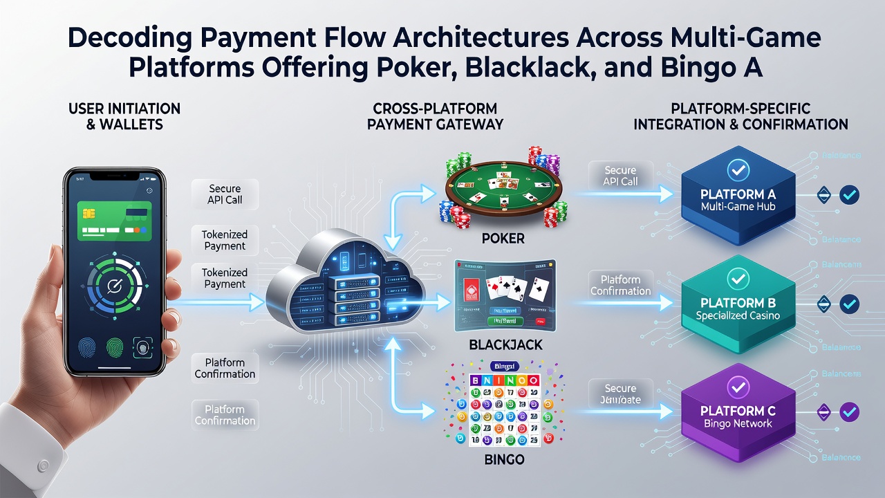 Flowchart showing integrated payment processing for poker tournaments, blackjack tables, and bingo sessions