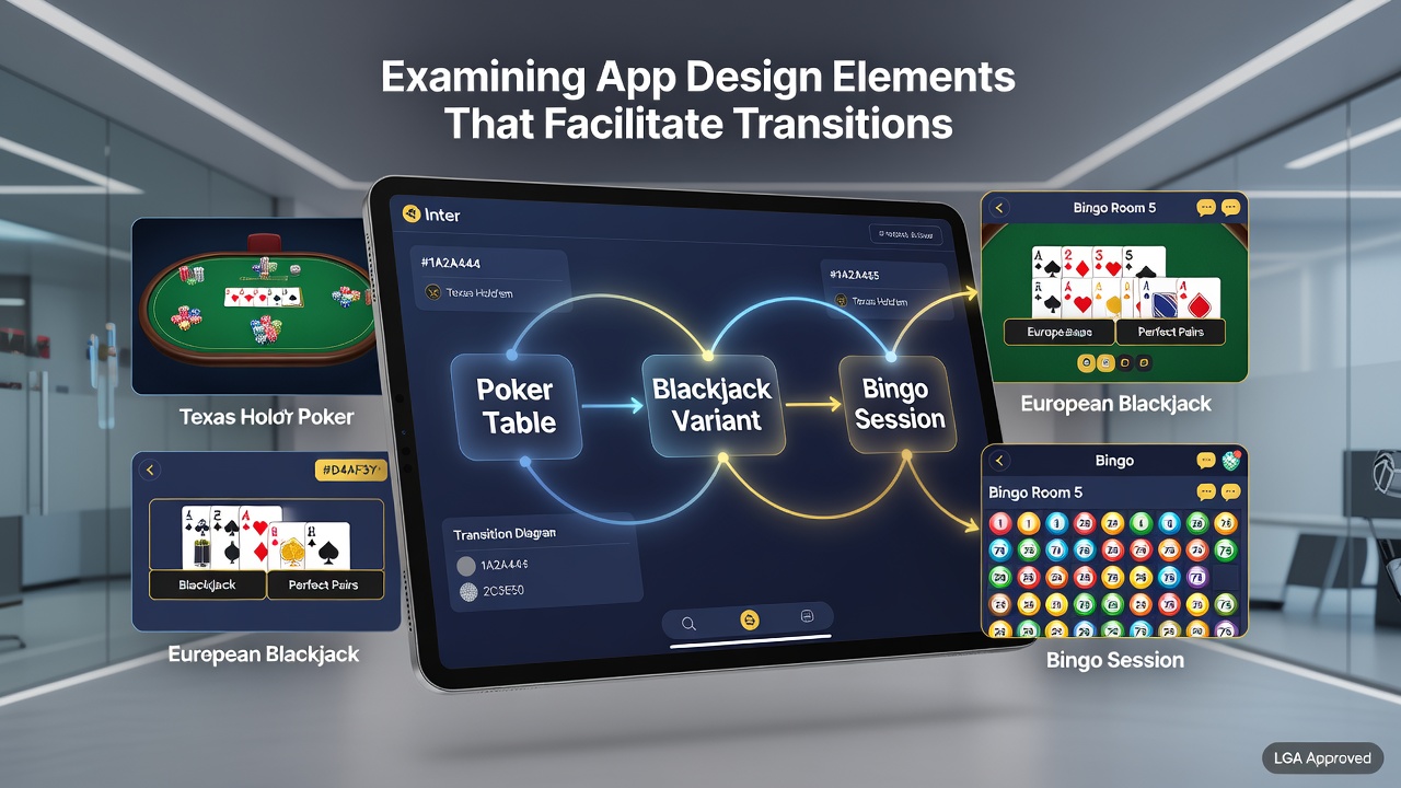 Screenshot of a licensed gaming app interface showing navigation between poker tables, blackjack variants, and bingo sessions with clear menu options and session indicators