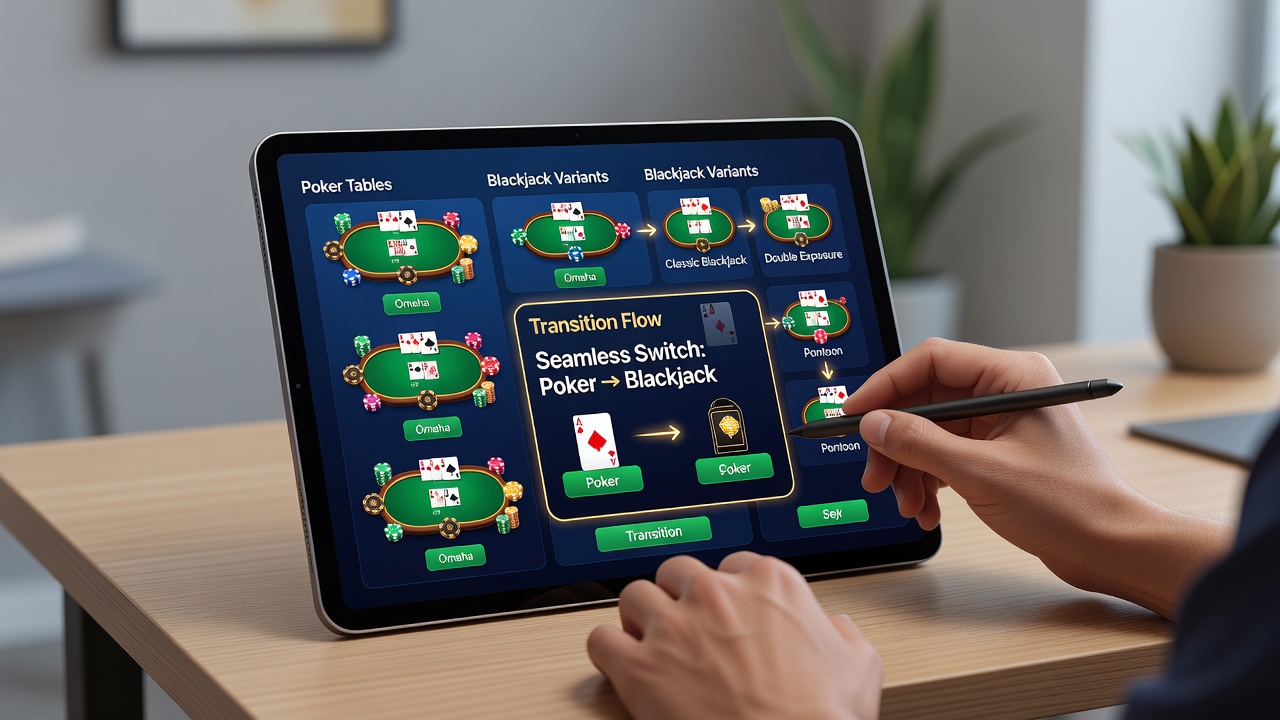 Detailed view of app UI elements including tabbed navigation, session timers, and quick-switch buttons between poker, blackjack, and bingo in a licensed platform