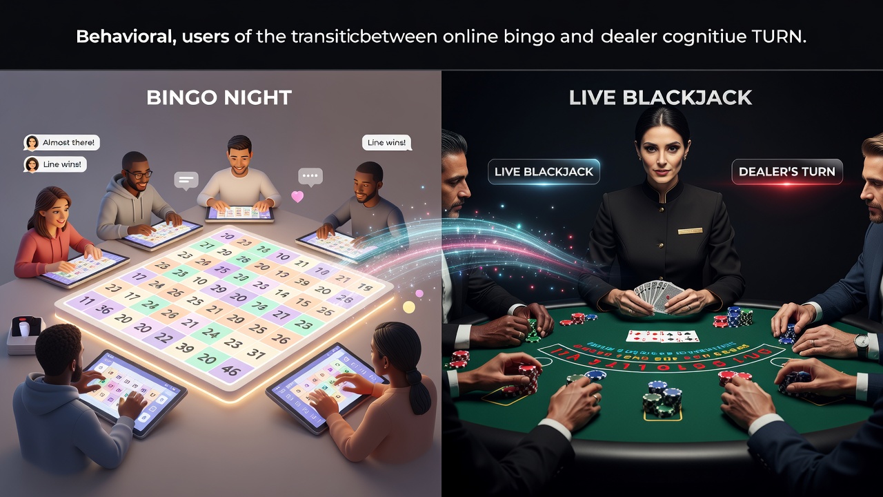Players engaging with bingo cards on one side and transitioning to live dealer blackjack tables on the other, showing visual contrast in gaming environments