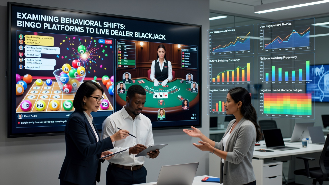 Split screen view of a bingo hall atmosphere transitioning into a live blackjack table with cards and chips visible