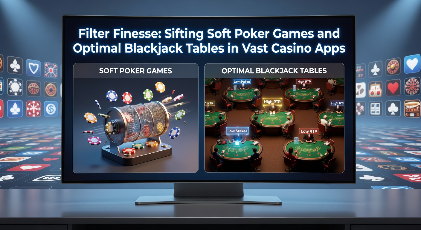 Casino app interface showing advanced filters for poker stakes and blackjack table rules, highlighting soft game options amid crowded lobbies