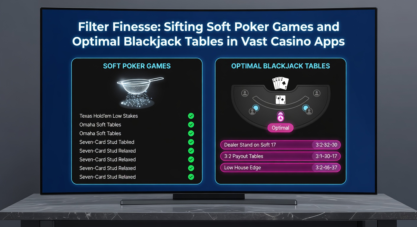 Close-up of blackjack table selector in a casino app, displaying rule filters for payouts, deck counts, and surrender options amid live dealer thumbnails