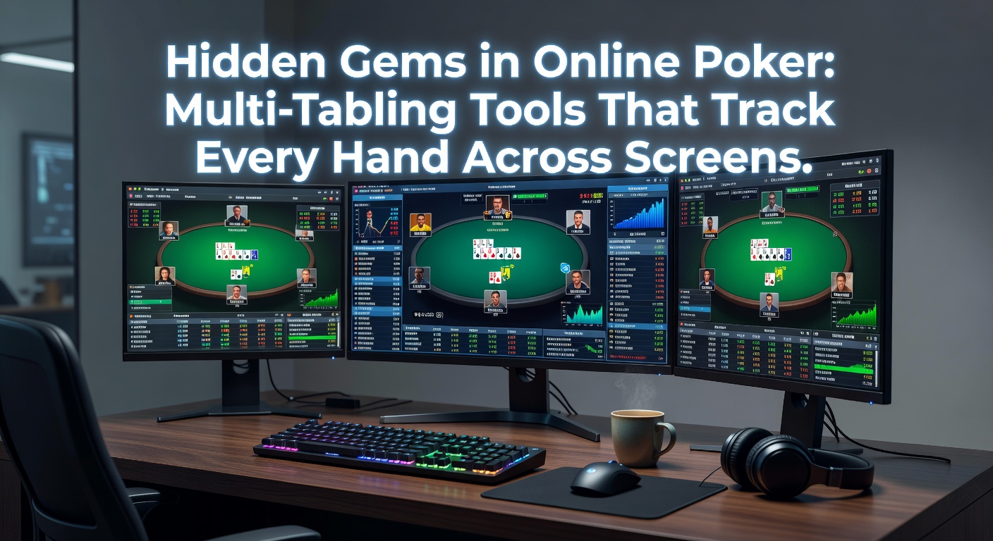 Multi-tabling poker setup showing multiple screens with HUD overlays tracking player stats in real-time