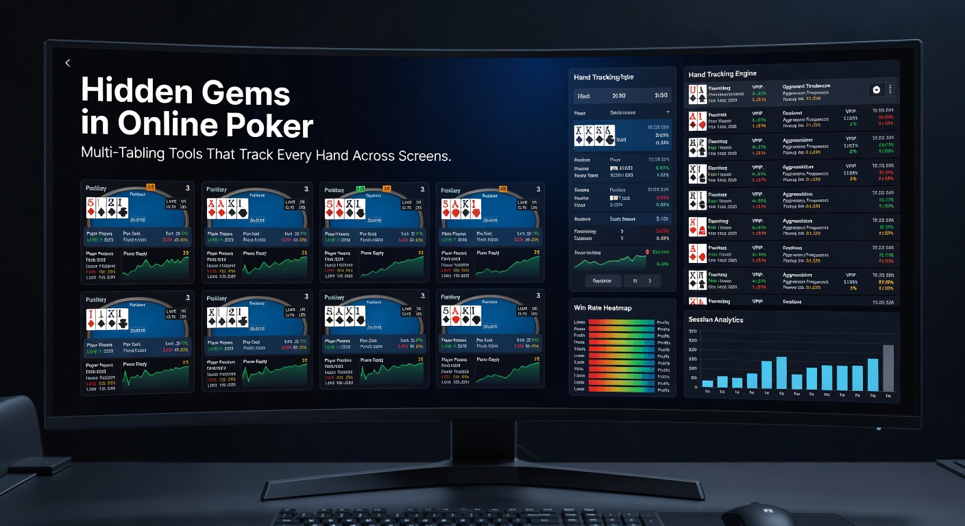 Close-up of a poker HUD interface displaying dynamic stats, graphs, and hand range visualizations across a multi-screen poker grind