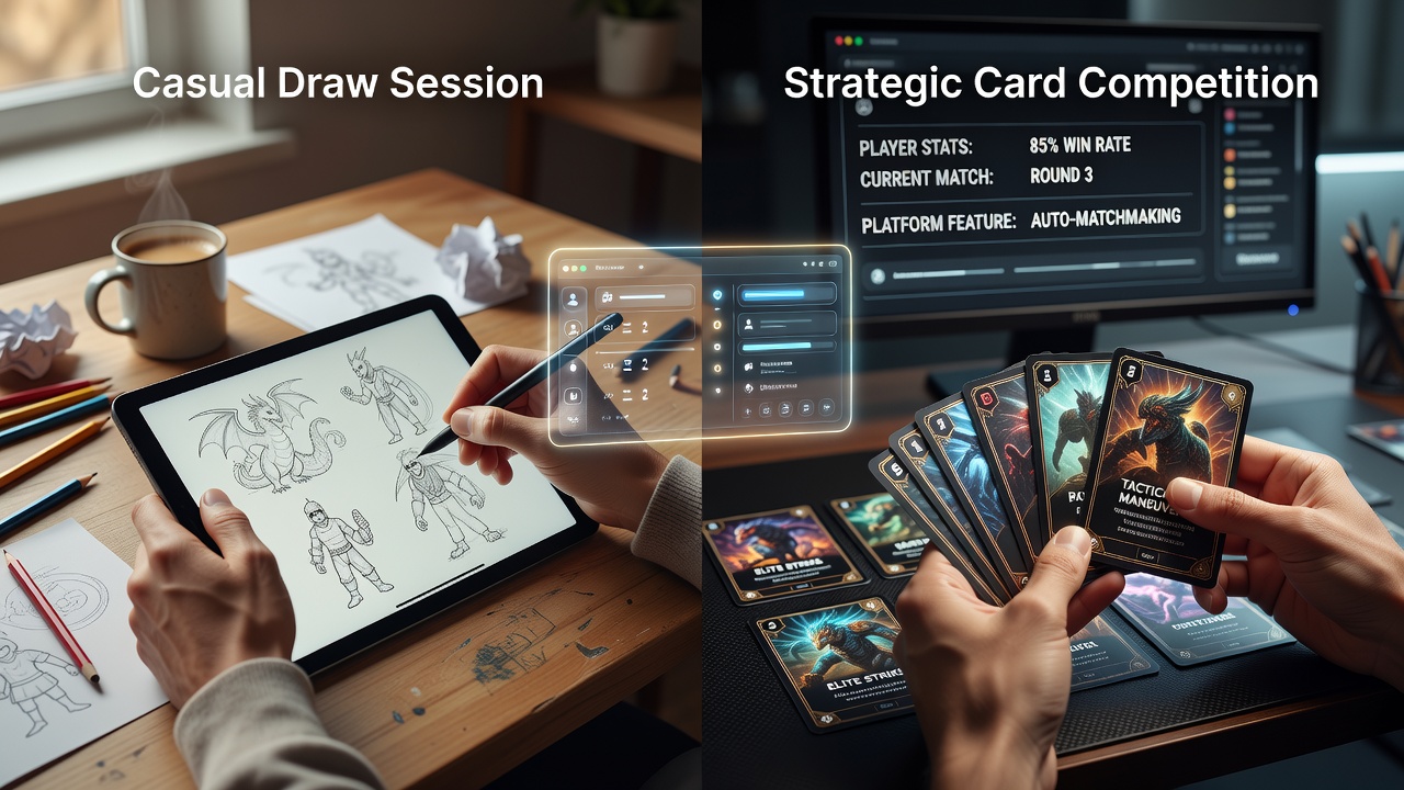 Digital interface showing casual draw sessions transitioning into competitive card play environments