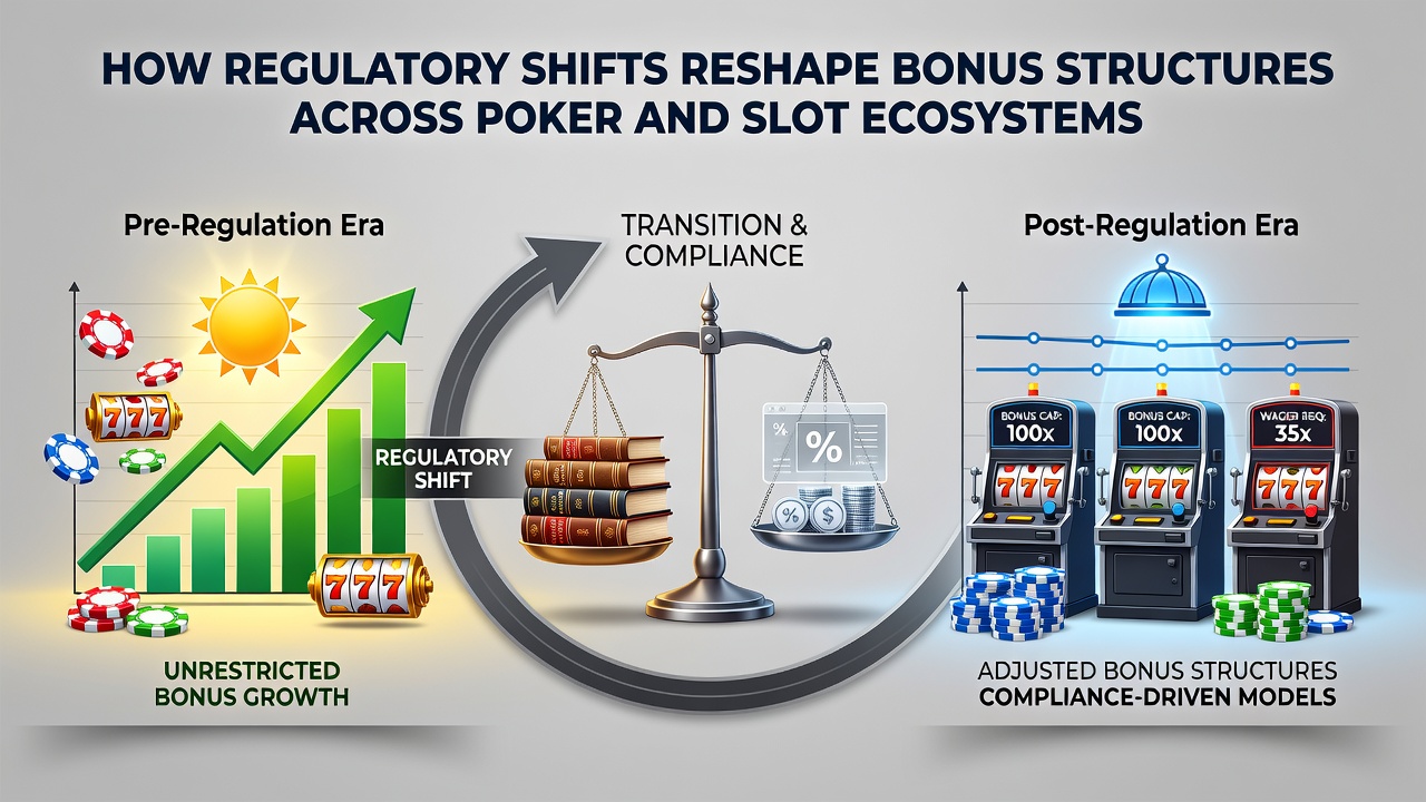 Slot game interfaces and regulatory compliance charts showing updated bonus terms