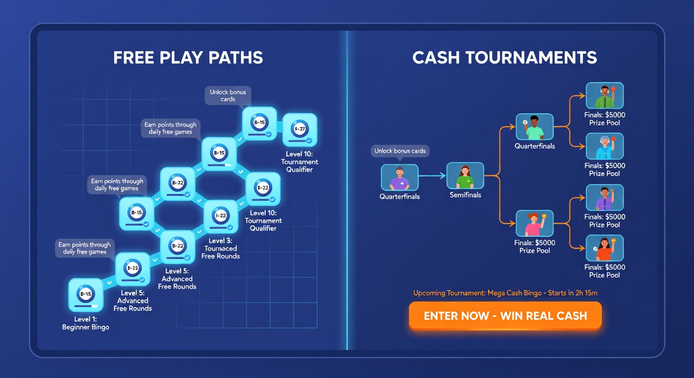 Close-up of a mobile screen displaying a cash bingo tournament lobby with prize breakdowns and entry options