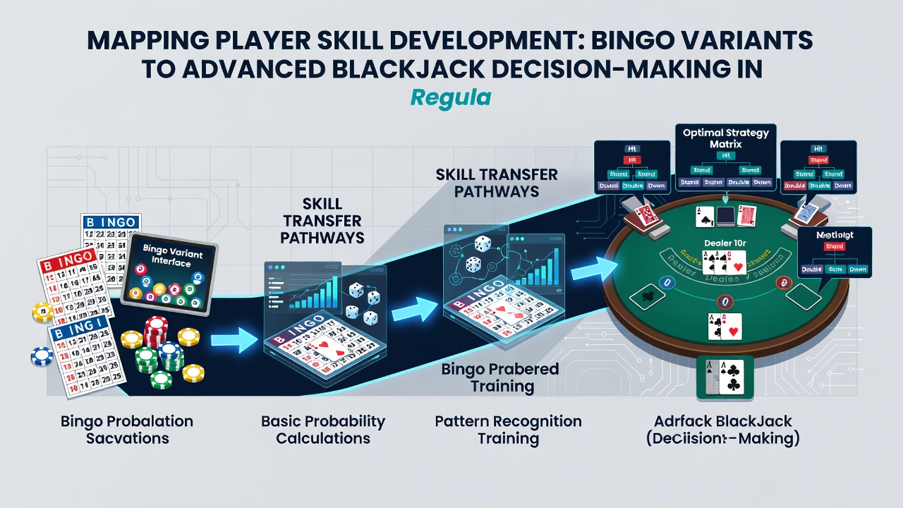 Illustration of player progression from bingo halls to regulated blackjack tables with decision trees