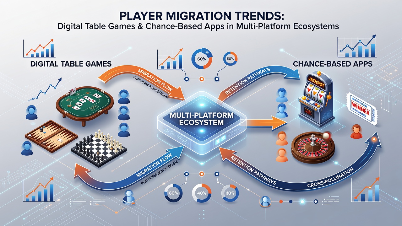 Infographic showing player movement between table games and chance-based apps across devices