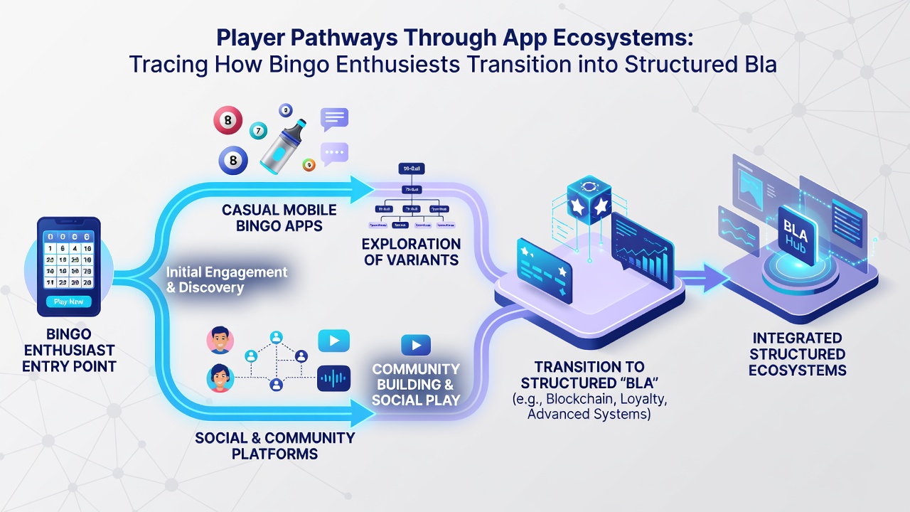 Diagram depicting user flow from bingo communities into regulated blackjack and poker sessions within app ecosystems