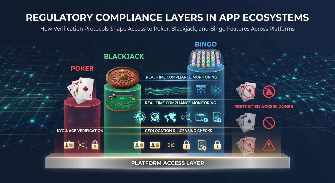 Illustration of compliance layers and verification protocols in app ecosystems for poker, blackjack, and bingo