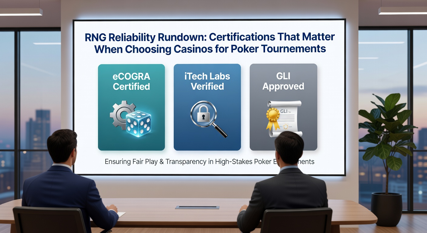 Close-up of certification badges like eCOGRA, GLI, and iTech Labs displayed on a poker tournament lobby screen, symbolizing verified fairness in online gaming
