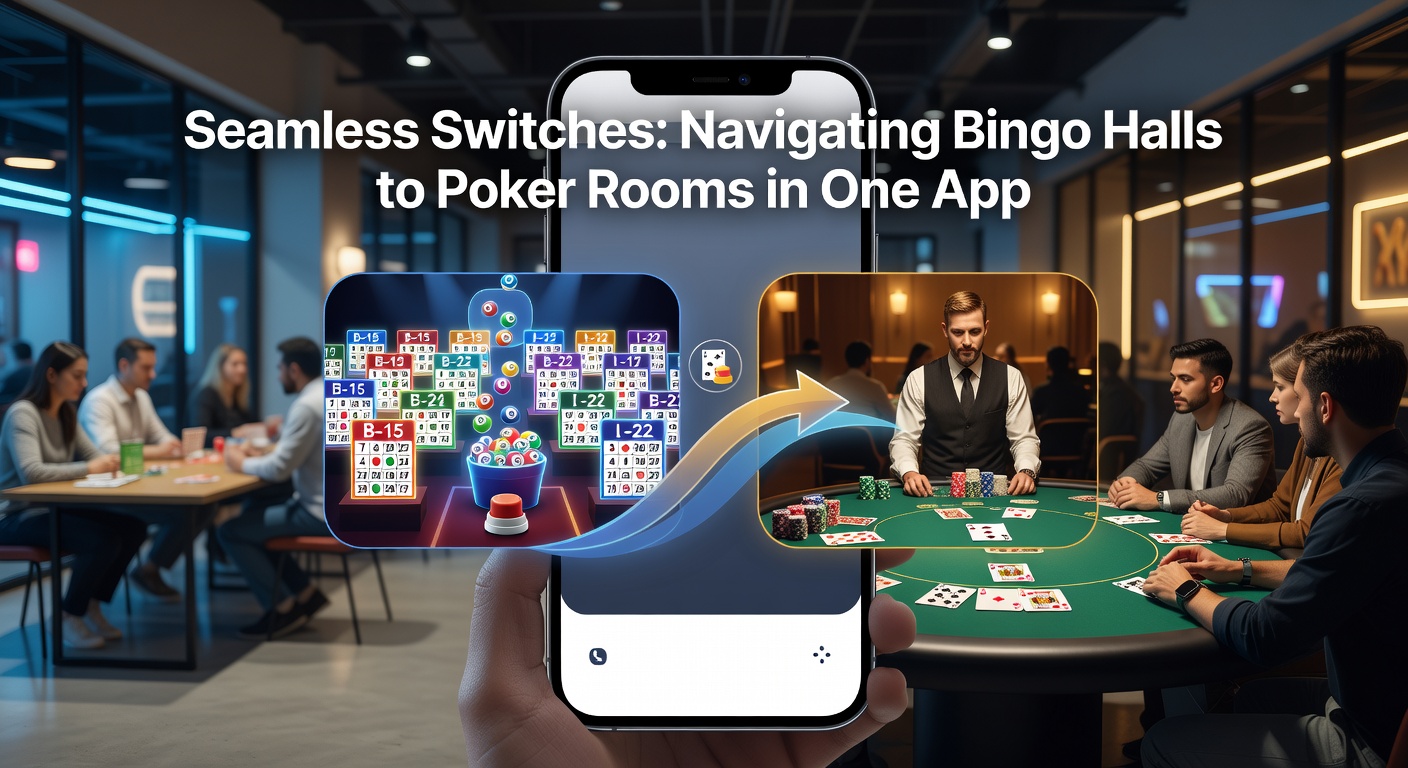 Mobile app interface showing a smooth transition from a vibrant bingo hall lobby to a high-stakes poker room, with unified wallet balance displayed prominently