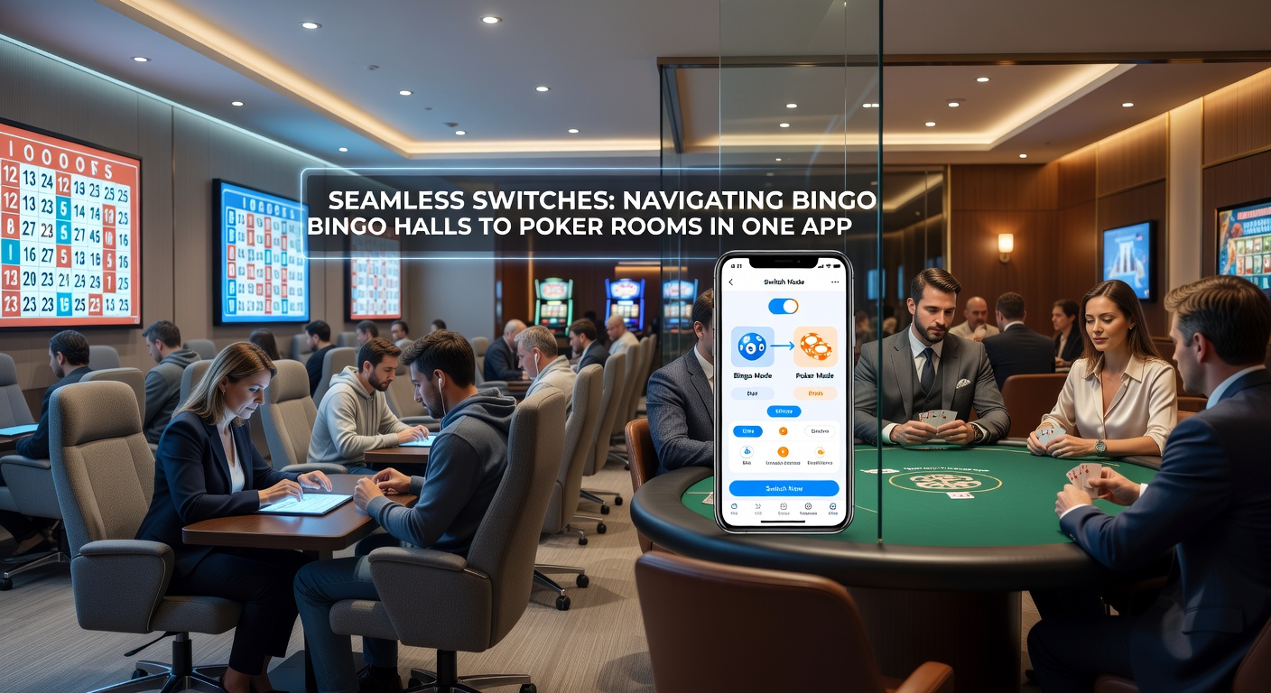 Close-up of a smartphone screen displaying side-by-side bingo and poker games, with a swipe gesture transitioning between them and real-time notifications popping up
