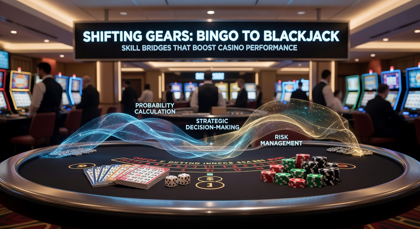 Casino players at a blackjack table, cards in hand, transitioning from colorful bingo halls to strategic gameplay