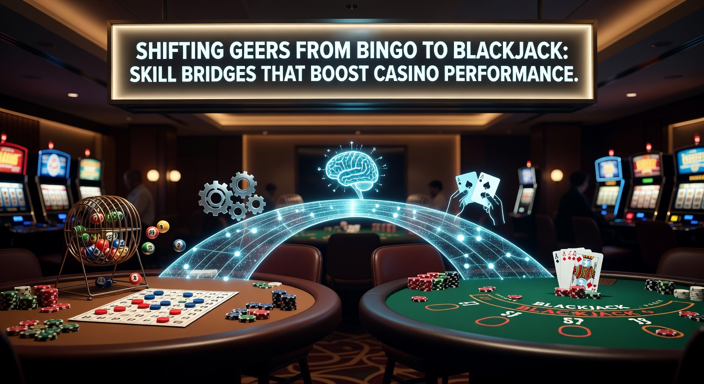 Strategic blackjack hand analysis with chips stacked high, illustrating skill application from bingo patterns