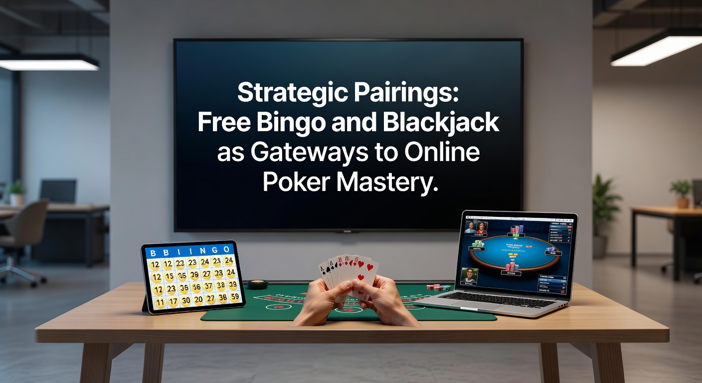 Colorful bingo cards and poker chips arranged strategically on a virtual table, illustrating skill crossover