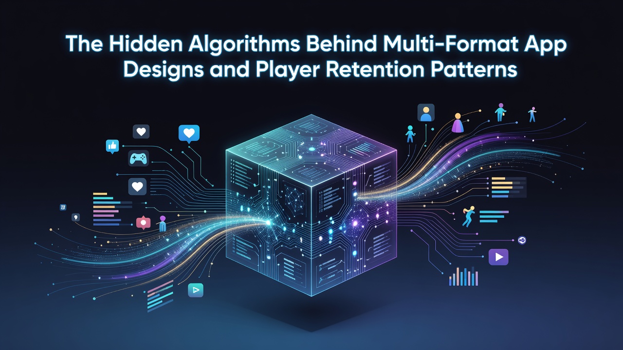 Visual representation of multi-format app design algorithms showing cross-device user flow patterns and data points