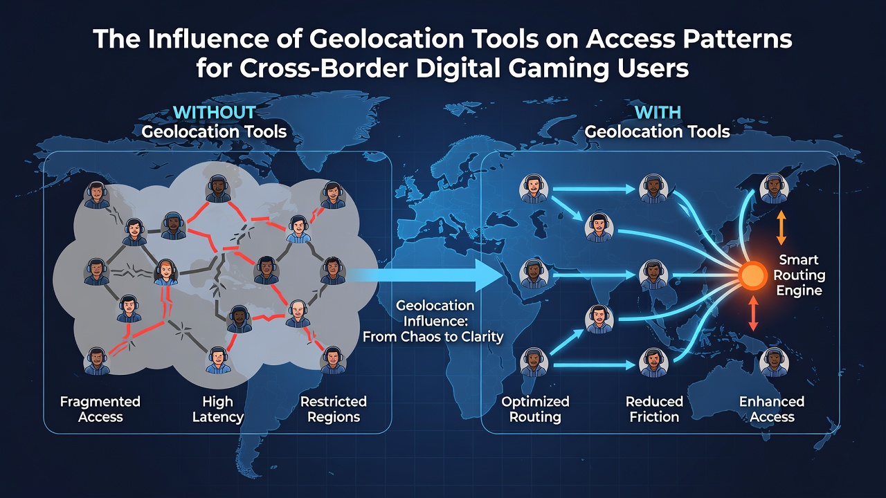 Network diagram illustrating data flow between user devices, geolocation servers, and regional gaming content libraries