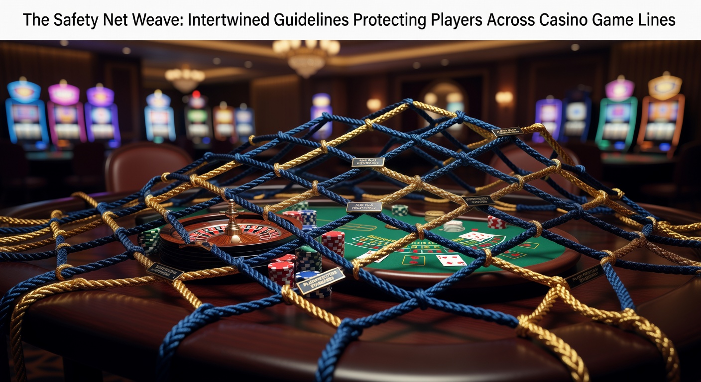 Visual representation of a protective safety net spanning various casino games like blackjack, poker, and slots, symbolizing unified player safeguards