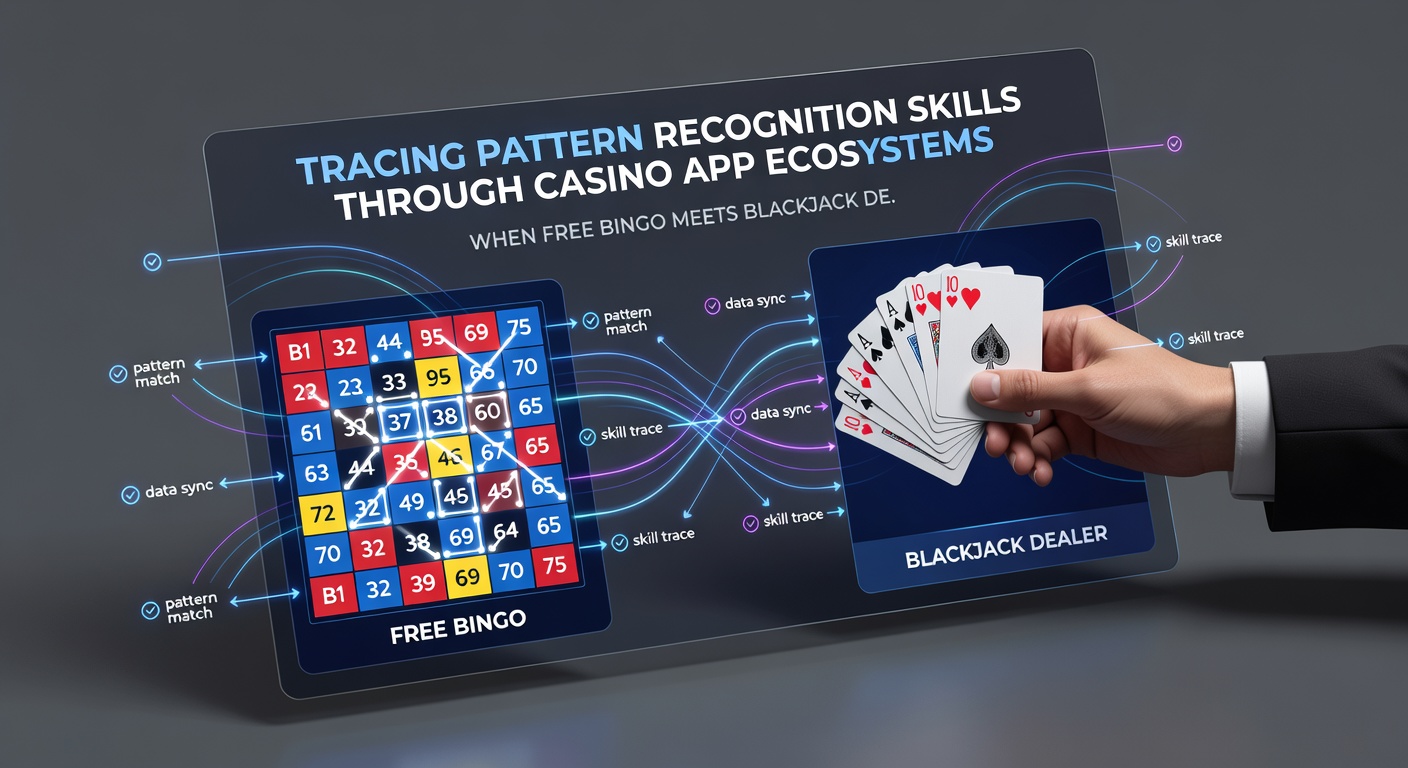 Screenshot of casino app interface displaying skill progression from bingo patterns to blackjack strategy trees