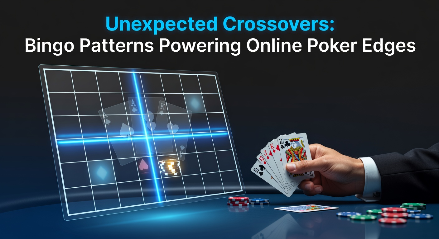 Digital overlay of bingo cards morphing into poker hands, highlighting shared pattern grids and probability lines
