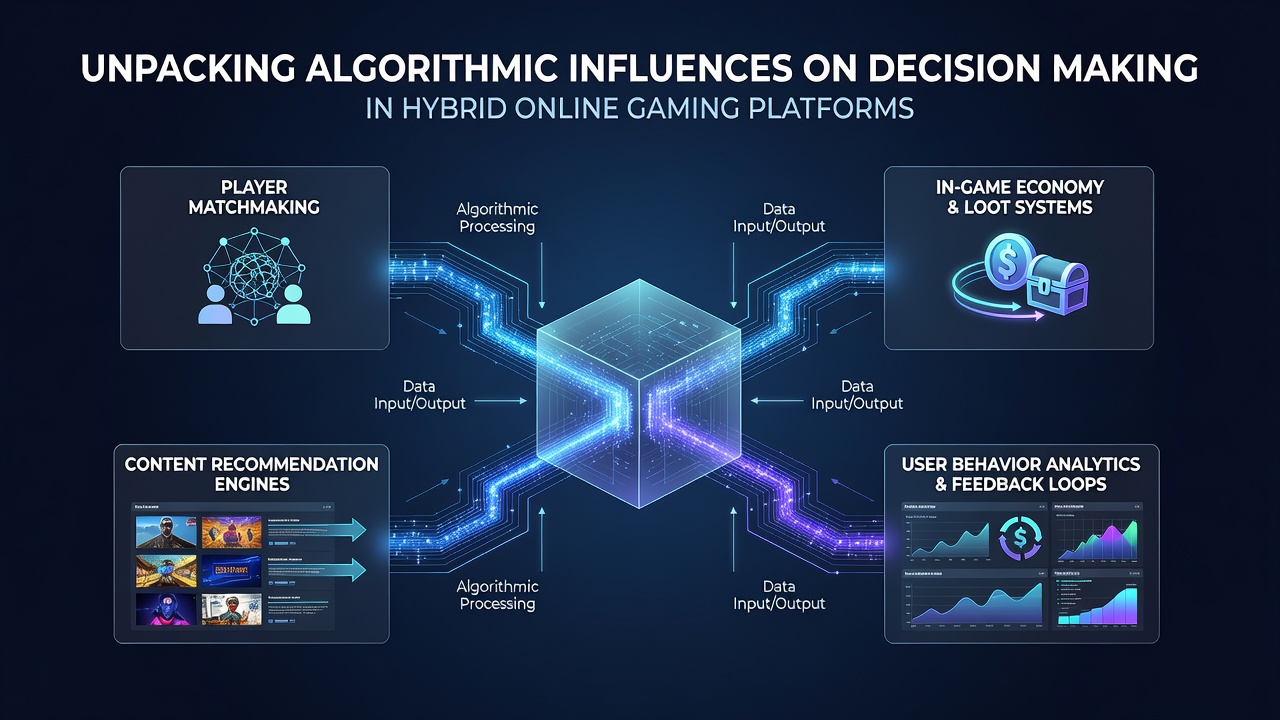Infographic displaying data correlations between algorithmic recommendations and player decision sequences in hybrid online environments