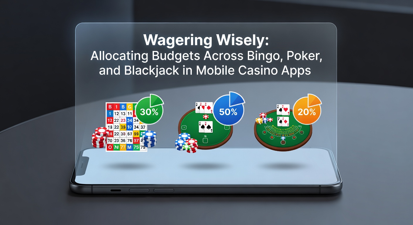 Mobile casino app interface showing bingo, poker, and blackjack games with budget tracking features