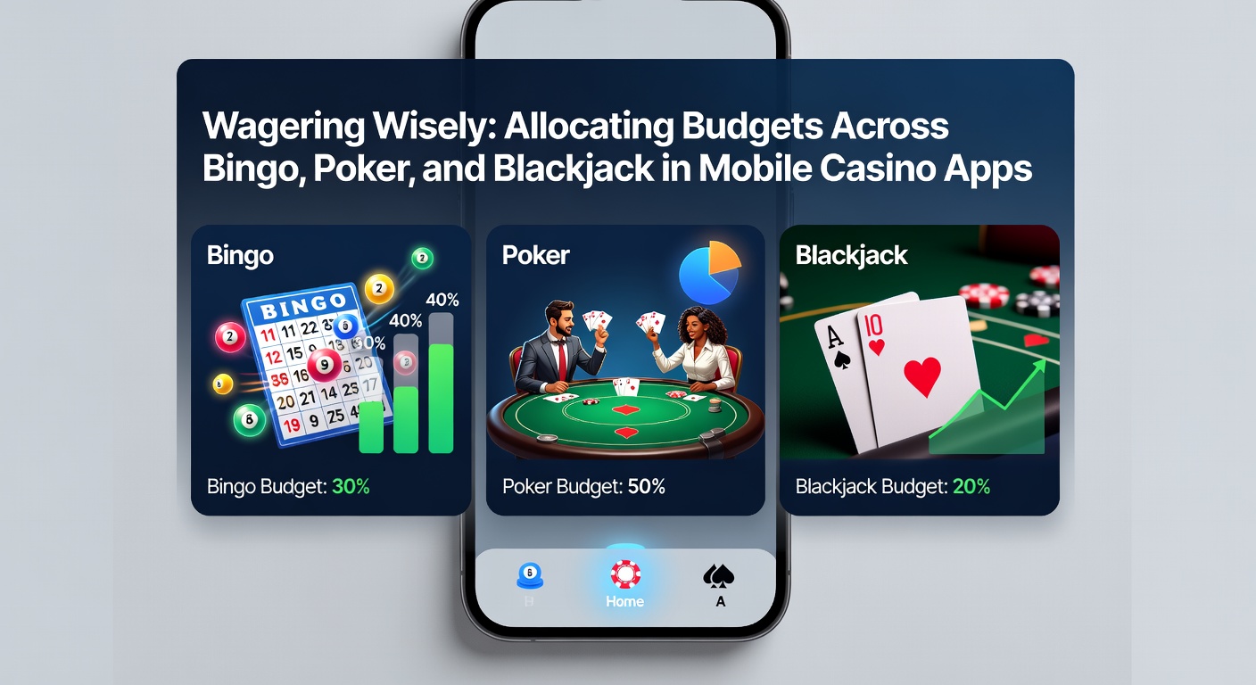 Infographic illustrating budget pie chart divided among bingo, poker, and blackjack with mobile app screenshots