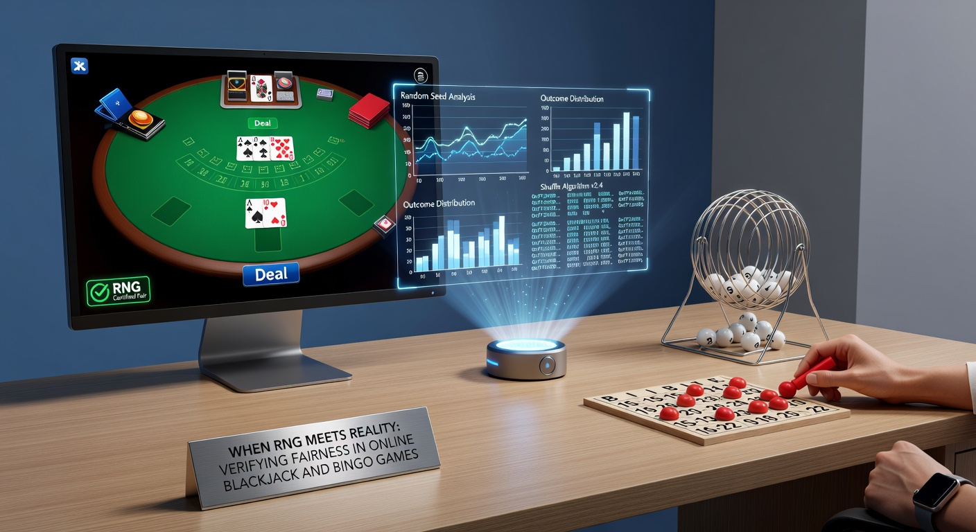 Close-up of certification seals and RNG verification interfaces on online casino platforms for blackjack and bingo
